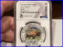 2021 Cook Islands $5 Silver Coin Kansas Buffalo American State Animal NGC MS70
