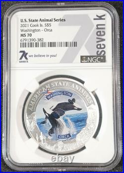 2021 Cook Islands $5 Silver Coin WA Orca American State Animal MS70