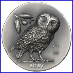 2021 Cook Islands Athenian Owl Numismatic Icons UHR 1 oz Silver Antiqued $5 OGP