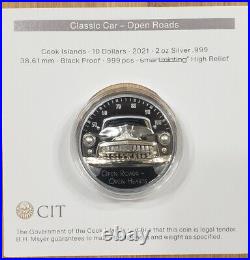 2021 Cook Islands Classic Car Ultra High Relief 2 oz Silver Black Proof $10 Coin