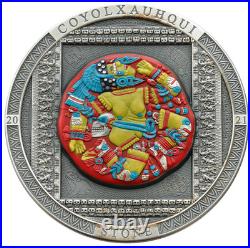 2021 Cook Islands Coyolxauhqui Stone 20 Dollars Colorized 3 Oz Silver Coin