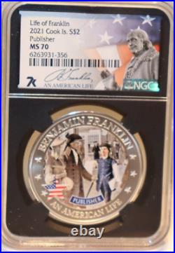 2021 Cook Islands Life of Franklin Publisher Silver Coin NGC MS70 7K Metals