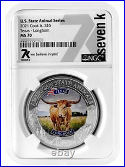 2021 Cook Islands Texas Longhorn Ngc Ms70 American State Animals 1 Oz Silver Coi
