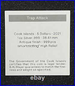 2021 Cook Islands Trap Attack 1 oz Silver Antiqued Coin High Relief