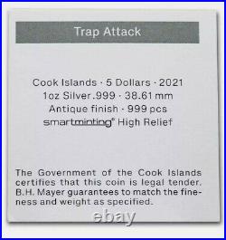 2021 Cook Islands Trap Attack 1 oz Silver Antiqued Coin High Relief Mintage= 999