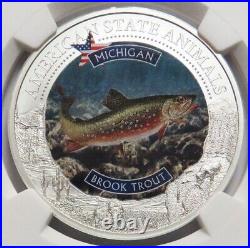 2021 SILVER COOK ISLANDS $5 MICHIGAN BROOK TROUT U. S. STATE ANIMAL 1oz NGC MS 70