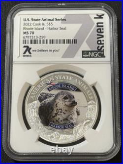 2022 1 Oz. 999 Silver Cook Islands Rhode Island Harbor Seal State Animals MS 70