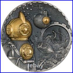 2022 $20 Cook Islands Steampunk NAUTILUS Gilded Antique Finish 3 Oz Silver Coin