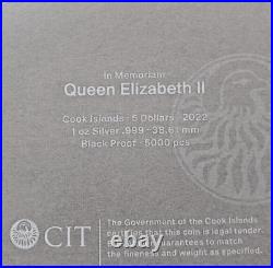 2022 $5 Cook Island Memoriam Queen Elizabeth II Silver Black Proof with Stamps 2