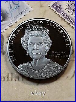 2022 $5 Cook Island Memoriam Queen Elizabeth II Silver Black Proof with Stamps 2