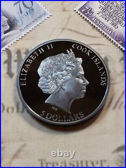 2022 $5 Cook Island Memoriam Queen Elizabeth II Silver Black Proof with Stamps 2