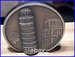 2022 Cook Island Leaning Tower of Pisa 2oz Silver Antique Ultra High Relief Coin