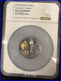 2022 Cook Islands 3oz Silver Steampunk Nautilus MS-70 Antiqued NGC 24k PL
