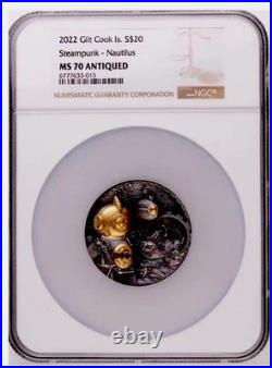 2022 Cook Islands 3oz Silver Steampunk Nautilus MS-70 NGC 24k PL 888 Minted