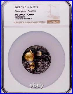 2022 Cook Islands 3oz Silver Steampunk Nautilus MS-70 NGC 24k PL 888 Minted