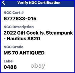 2022 Cook Islands 3oz Silver Steampunk Nautilus MS-70 NGC 24k PL 888 Minted