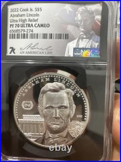 2022 Cook Islands $5 Abraham Lincoln Ultra High Relief PF70 Ultra Cameo NGC Coa