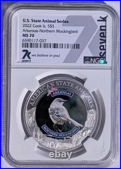 2022 Cook Islands $5 Arkansas Mockingbird NGC MS70 US State Animal 1 oz Silver