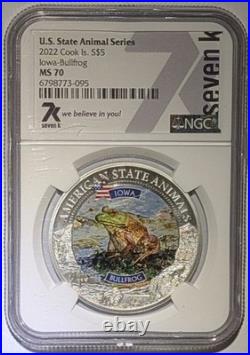 2022 Cook Islands $5 Iowa Bullfrog NGC MS70 U. S. State Animal 1 oz Silver