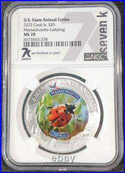 2022 Cook Islands $5 Silver Coin MA Ladybug State Animal MS70