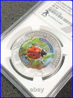 2022 Cook Islands $5 Silver Coin MA Ladybug State Animal MS70