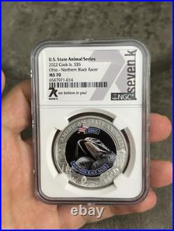 2022 Cook Islands $5 Silver Coin OH Northern Black Racer State Animal MS70