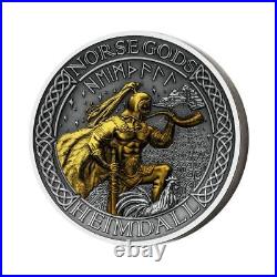 2022 Cook Islands Norse Gods Heimdall High Relief 2 oz Silver Gilt Antiqued