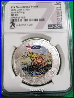 2022 NGC $5 Cook Island 7K Iowa State Animal Bullfrog. 999 Silver 1 Oz Coin MS70