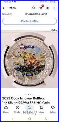 2022 NGC $5 Cook Island 7K Iowa State Animal Bullfrog. 999 Silver 1 Oz Coin MS70