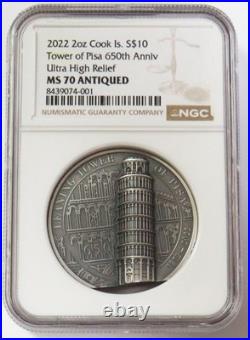 2022 SILVER 2oz COOK ISLANDS $10 LEANING TOWER OF PISA UHR NGC MS 70 ANTIQUED