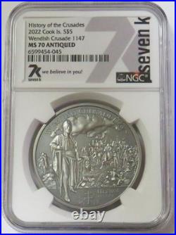 2022 SILVER COOK ISLANDS 1oz WENDISH CRUSADE 1147 $5 COIN NGC MS 70 ANTIQUED