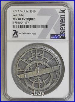 2023 2oz Astrolabe Silver Coin Cook Islands $10 NGC MS70 ANTIQUED (D-7)