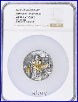 2023 Cook Island $20 Steampunk Science Lab 3 Oz Silver Antiqued Gilt NGC MS 70