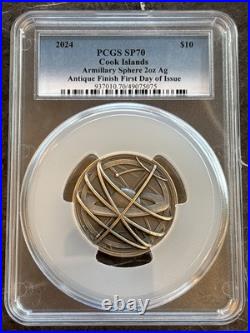 2024-Cook Islands- 2oz- Armillary Sphere- PCGS- SP70- FDOI- Antiqued- Pop 49