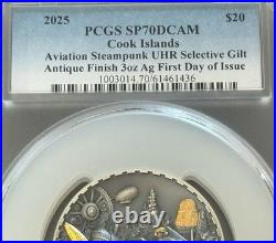 2025 3 Oz. 9999 Silver Cook Islands $20 Steampunk Aviation PCGS SP70 First Day
