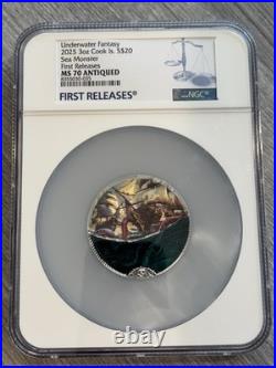 2025- Cook Islands-Underwater Fantasy- Sea Monster- 3 oz- NGC- MS70 Antiqued- FR