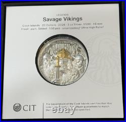 2026 3 Oz. 9999 Silver $5 Cook Islands Legends Savage Vikings Gold Gild Coin UHR