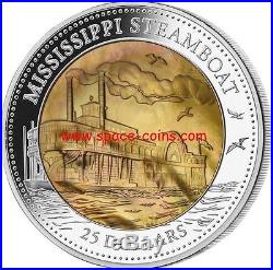 $25 Cook Islands, 2014, MISSISSIPPI STEAMBOAT, Mother Of Pearl, 5 Oz Silver Coin