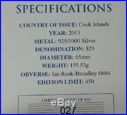 5oz solid silver proof $25 coin Cook Islands 2013 Ltd ed 27 / 450 box & COA 1235