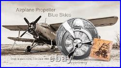 AIRPLANE PROPELLER Blue Skies 2 Oz Silver Coin 10$ Cook Islands 2020