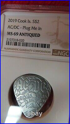 Ac/dc Guitar Plug Me In 2019 Cook Islands $2 Silver Coin Ngc Ms69 Fr Antiqued
