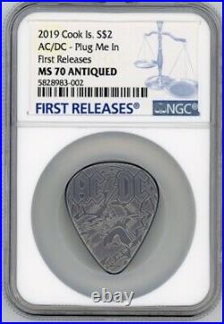 Ac/dc Guitar Plug Me In 2019 Cook Islands $2 Silver Coin Ngc Ms70 Fr Antiqued