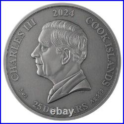 Aesir The Norse Gods 5 oz Antique finish Silver Coin 25$ Cook Islands 2024