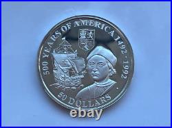 COOK ISLANDS Silver Proof Coin 1990 Christopher Columbus Fifty 50 Dollar