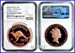 COOK ISL 1 Dollar 2007 Silver 1oz. NGC PF69'Copper 1937 Pattern Penny' Free Ship