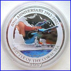 Cook 2002 Battle of The Coral Sea 10 Dollars 10oz Colour Silver Coin, Proof