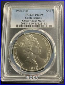 Cook Islands 1990-PM $50 / Grizzly Bear Matte Proof / PCGS PR69/Gorgeous Coin