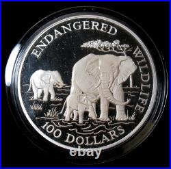 Cook Islands 1991 Endangered Wildlife Elephants Silver Proof $100 Coin Box
