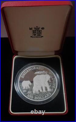 Cook Islands 1991 Endangered Wildlife Elephants Silver Proof $100 Coin Box
