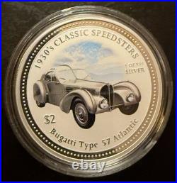 Cook Islands 1 Ounce. 999 Silver 2 dollars Classic Cars Speedster Bugatti Coin